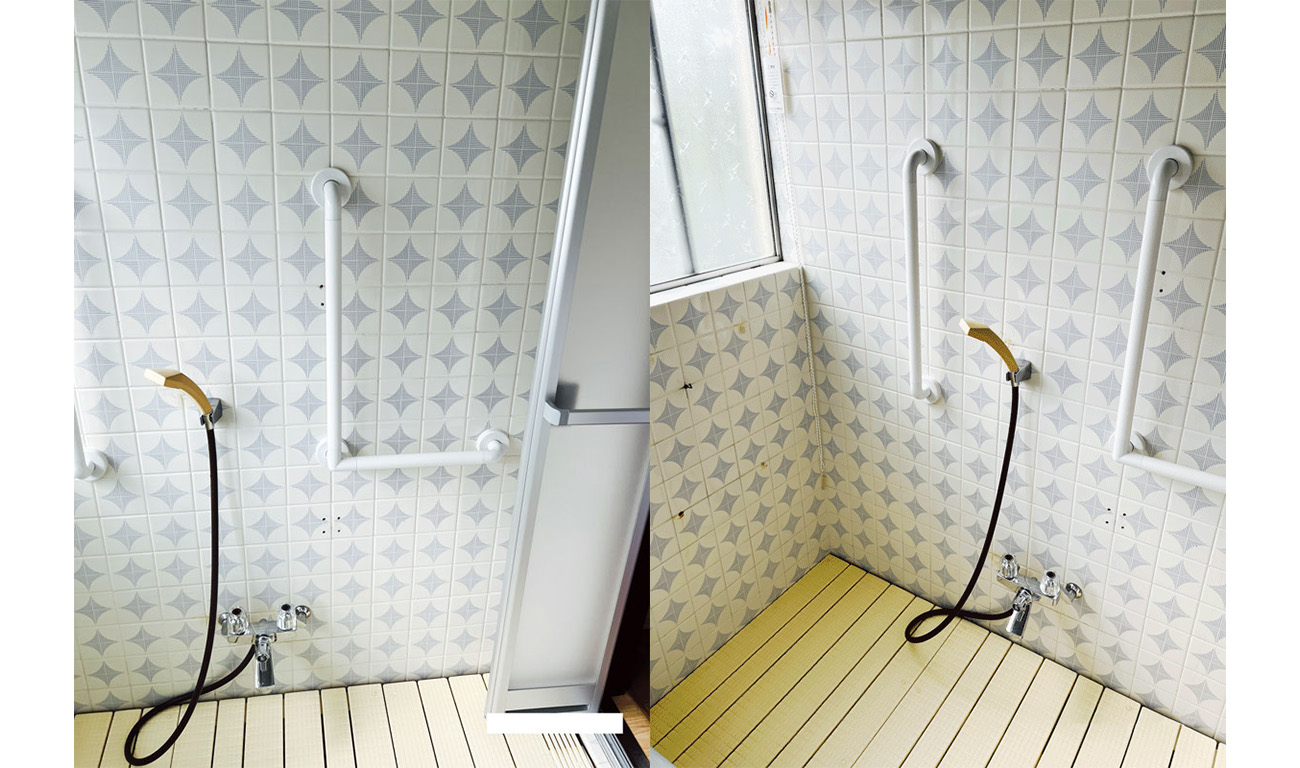 施工事例：浴室ドアからシャワーの前までの移動とシャワーの前の立ち座りを助ける手すりを設置しました。