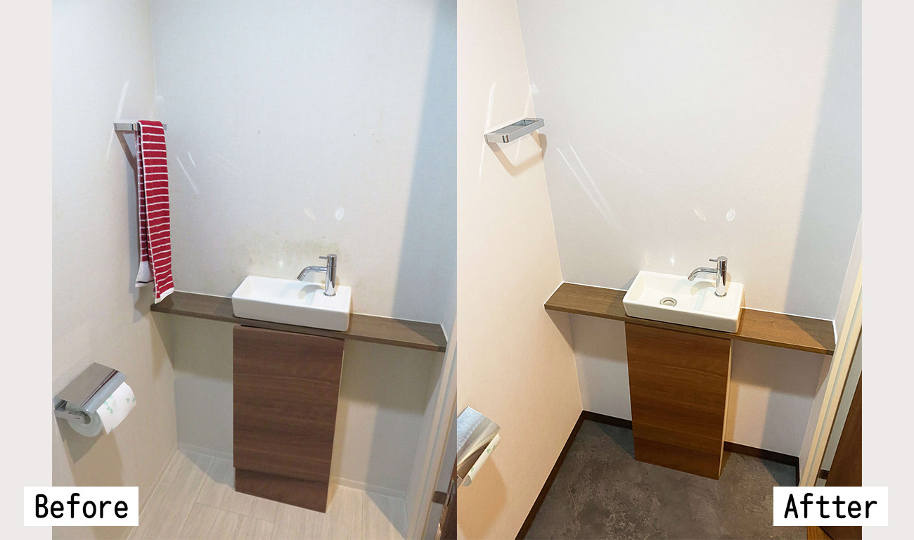 施工事例：壁紙を変えることで、水はね等の落ちない汚れが一気にきれいになりました。